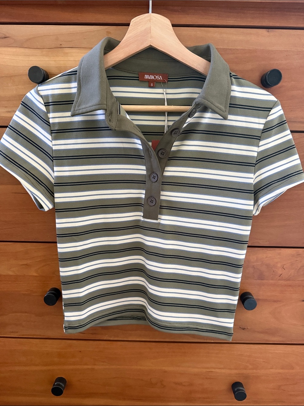 Mimosa Women's Olive & White Striped Cropped Polo Top NWT Size S
